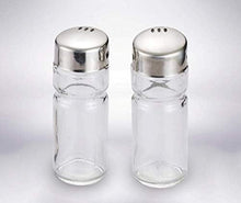 Load image into Gallery viewer, Two clear glass salt and pepper shakers with silver lids on a light gray background