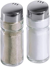 Load image into Gallery viewer, Two glass salt and pepper shakers with metal tops on a white background