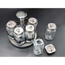 Load image into Gallery viewer, Shakers - Glass Spice seasoning jars Set of 6 with Plastic Lids & Holder displayed on a black background.