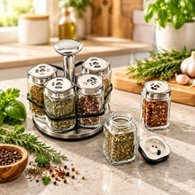 Load image into Gallery viewer, Shakers - Glass Spice seasoning jars Set of 6 with Plastic Lids & Holder displayed on a black background.
