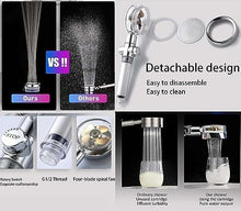 تحميل الصورة في عارض المعرض، Collage of a shower head with various features highlighted, including detachable design and ease of cleaning.
