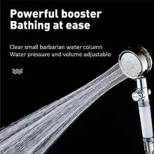 تحميل الصورة في عارض المعرض، Shower head with water flowing out on a black background, featuring text about water pressure and volume adjustment.