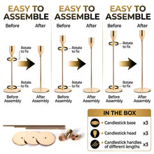 Load image into Gallery viewer, Instructional assembly diagram showing three panels with before-and-after candlestick stand assembly, plus included parts in the box at the bottom, on a white background.