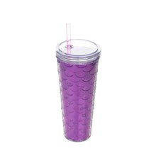Load image into Gallery viewer, A purple tumbler with a mermaid scale pattern, featuring a clear lid and a pink straw, set against a plain white background.