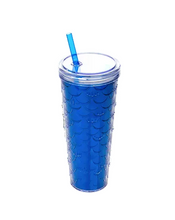 Load image into Gallery viewer, A tall, translucent blue tumbler with a mermaid-scale pattern, a matching blue lid, and a blue straw, shown on a plain white background.