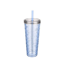 Load image into Gallery viewer, A light blue textured plastic tumbler with a matching light blue straw and clear lid, shown on a solid white background.