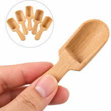 Load image into Gallery viewer, A hand holding a small light wood scoop, with a circular inset showing five additional identical wooden scoops on a white background.