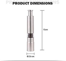 Load image into Gallery viewer, Dimensions of stainless steel pepper and spice grinder: 15cm height and 2.6cm diameter.