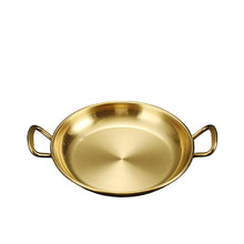 تحميل الصورة في عارض المعرض، A shiny gold metal shallow pan with two loop handles, shown on a dark textured background with a specification table at the top listing diameter 15.2cm, height 3.