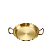 تحميل الصورة في عارض المعرض، A small round gold metal pan with two loop handles, shown on a dark textured background with a measurement chart overlay at the top showing diameter, height, and ear length.