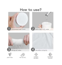 Load image into Gallery viewer, Instructions on how to use a compressed bath towel with images and text.