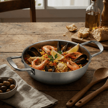 تحميل الصورة في عارض المعرض، 21cm Stainless Steel Serving Wok & Paella Plate | Heat-Safe Food Presentation Pot - Silver