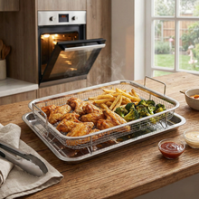 تحميل الصورة في عارض المعرض، 32x24cm Stainless Steel Air Fryer Basket & Tray Set | Large Oven Crisper Mesh Rack - Silver