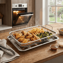 تحميل الصورة في عارض المعرض، 32x24cm Stainless Steel Air Fryer Basket & Tray Set | Large Oven Crisper Mesh Rack - Silver