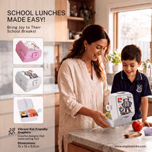 Load image into Gallery viewer, 3 Compartment Vera Kids Lunch Box with Fun Graphics (15x15x9.2cm) | Built-In Cutlery & School Meal Container