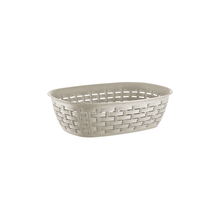 Load image into Gallery viewer, Oval grey storage basket, multifunctional poly-wicker container ideal for organizing and storing food or household items.