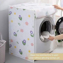 Load image into Gallery viewer, Floral-patterned washing machine cover with zipper top, showing a person using the machine.