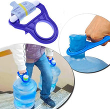 Load image into Gallery viewer, Blue bottle holder with suction cup used by a person to lift a large water bottle.