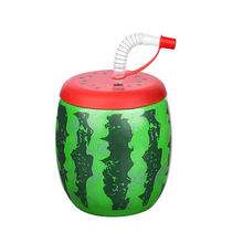 Load image into Gallery viewer, A novelty watermelon-shaped drum with a red lid, dark green rind pattern, and a white corrugated straw on a plain white background.