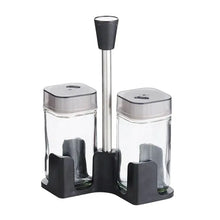 تحميل الصورة في عارض المعرض، Shakers - Glass Spice seasoning jars Set of 2 with Plastic Lids & Holder on a countertop, compact and stylish design.