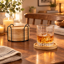 تحميل الصورة في عارض المعرض، Coasters/Pads - Wooden Coaster - 6 Bamboo Round Coasters with 1 Iron Holder Stand