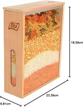 Load image into Gallery viewer, A wooden pasta storage box with a clear front panel showing layers of dried pasta and grains, with dimension labels indicating 18.59 cm height, 23.