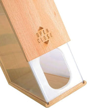 Load image into Gallery viewer, A close-up of a wooden pet gate or enclosure with a clear plastic panel and engraved instructions reading 'OPEN CLOSE' on the wooden flap, set against a plain white background.