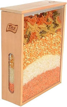 Load image into Gallery viewer, Tifit wooden pasta storage container with a clear front window showing layers of colorful dried pasta and grains, on a white background.