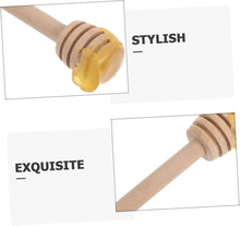 Load image into Gallery viewer, Two close-up product detail shots of a wooden honey dipper with honey dripping from the end, set on white backgrounds with the words 'STYLISH' and 'EXQUISITE' printed beside them.