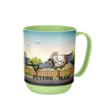 تحميل الصورة في عارض المعرض، Cups/Mugs/Jars/Jugs - Reusable Plastic Funny Cup - 350 ml. Green mug with a cartoon character and the text 'FLYING - MAN!'. Fun design.
