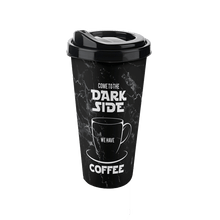 تحميل الصورة في عارض المعرض، BPA-free reusable travel mug with lid featuring a coffee theme and dark side design.