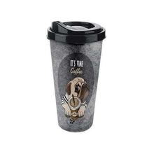 تحميل الصورة في عارض المعرض، BPA-free reusable travel mug with lid featuring a cute dog design and a black flip top lid.