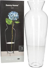 Load image into Gallery viewer, Tall clear glass vase next to packaging, ideal for displaying flowers in a stylish and elegant manner.