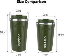Load image into Gallery viewer, Size comparison of two green stainless steel airtight cups, one 18cm and one 15cm tall, showing dimensions.