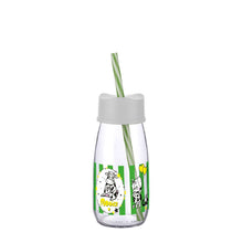 تحميل الصورة في عارض المعرض، Glass milk and water bottle with straw featuring playful animal design, suitable for kids.