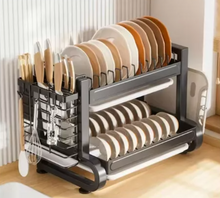 تحميل الصورة في عارض المعرض، 2-Tier Large Metal Dish Drying Rack | Space-Saving Kitchen Drainer with Utensil & Board Holder