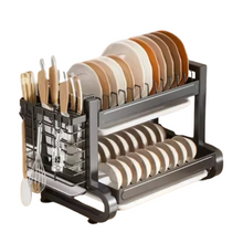 تحميل الصورة في عارض المعرض، 2-Tier Large Metal Dish Drying Rack | Space-Saving Kitchen Drainer with Utensil & Board Holder