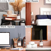 Load image into Gallery viewer, Collage of diffuser bottles in different settings labeled 'Living Room', 'Bed Room', 'Work Space', and 'Toilet'.