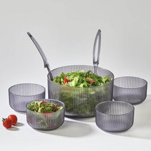 تحميل الصورة في عارض المعرض، Large salad and fruit bowl set with vertical ribbed texture, includes a large bowl and four small bowls.