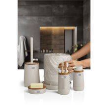 Load image into Gallery viewer, Elegant 5-piece wooden frame bathroom accessories set including waste bin, toilet brush, and dispensers.