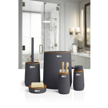 Load image into Gallery viewer, Elegant 5-piece bathroom accessories set in dark gray with wooden accents, ideal for organizing and enhancing bathroom decor.