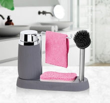 تحميل الصورة في عارض المعرض، Soap Dispenser with Sponge Holder, Brush Holder & Towel Holder - ( Striped x Silver Frame ) Kitchen Accessory Organizer