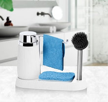 تحميل الصورة في عارض المعرض، Soap Dispenser with Sponge Holder, Brush Holder & Towel Holder - ( Striped x Silver Frame ) Kitchen Accessory Organizer