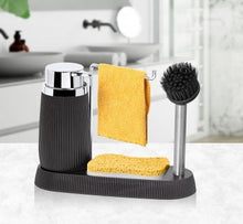 تحميل الصورة في عارض المعرض، Soap Dispenser with Sponge Holder, Brush Holder & Towel Holder - ( Striped x Silver Frame ) Kitchen Accessory Organizer