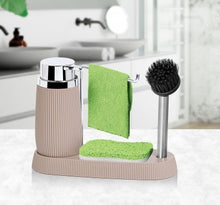 تحميل الصورة في عارض المعرض، Soap Dispenser with Sponge Holder, Brush Holder & Towel Holder - ( Striped x Silver Frame ) Kitchen Accessory Organizer