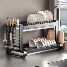 Load image into Gallery viewer, 2-Tier Large Metal Dish Drying Rack | Space-Saving Kitchen Drainer with Utensil & Board Holder