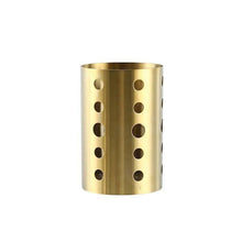 تحميل الصورة في عارض المعرض، Gold stainless steel round tall cutlery holder with drainage holes for organized utensils.