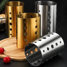 تحميل الصورة في عارض المعرض، Cutlery holder set featuring gold and silver stainless steel utensil organizers with holes for easy drainage.