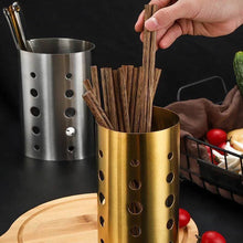 تحميل الصورة في عارض المعرض، Gold stainless steel cutlery holder with utensils; modern kitchen organizer for neat storage and drying.