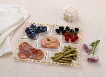 Load image into Gallery viewer, Sophisticated 5-grid glass serving platter with assorted snacks, fruits, and dips, featuring a golden wavy rim.